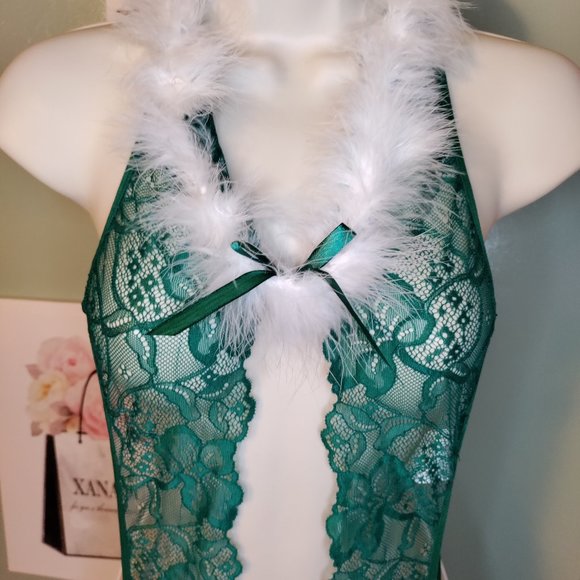 Christmas Lingerie Teddy Lingerie Green Halter V Neck Lace Bodysuit - Picture 4 of 10